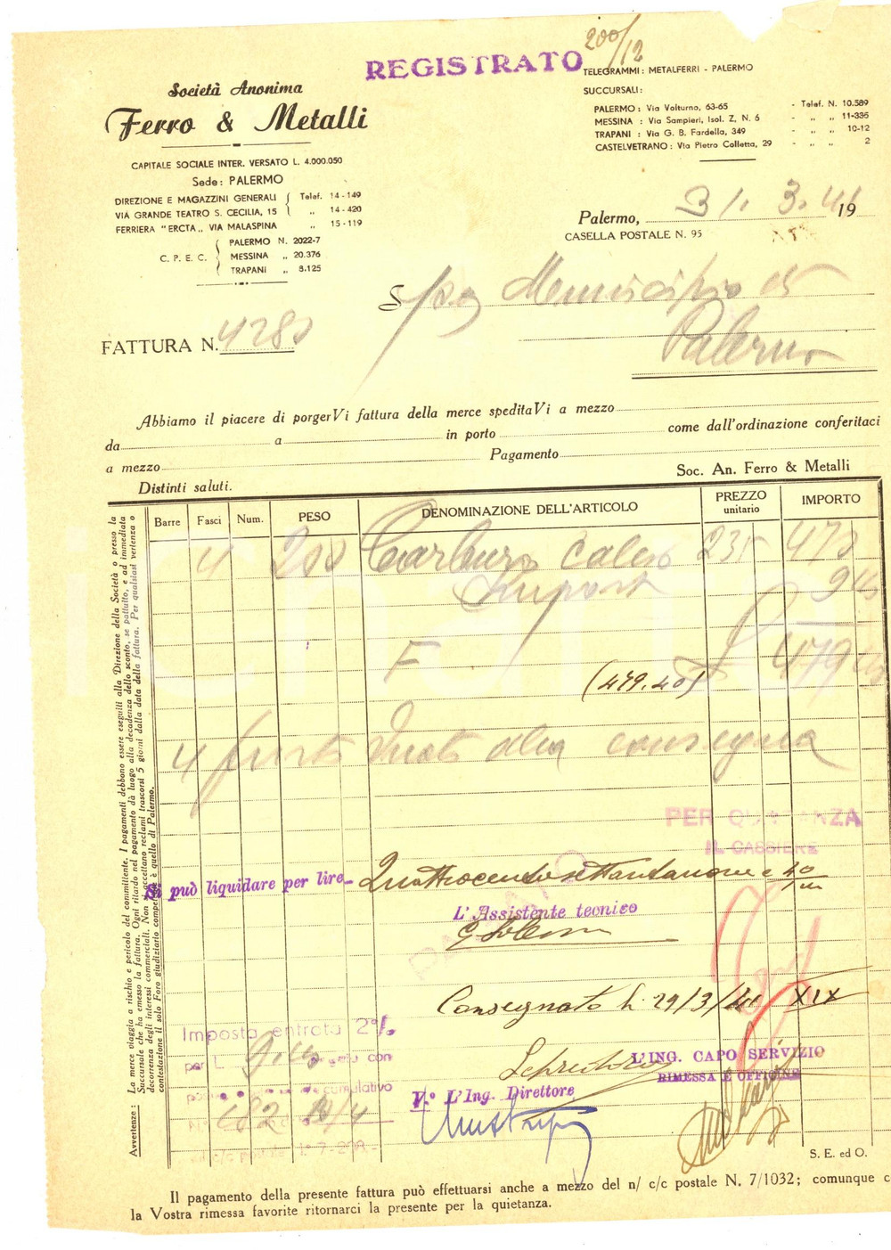 Documento originale, autentico 1941 PALERMO SocietÃ  Anonima FERRO & METALLI Fattura intestata 1