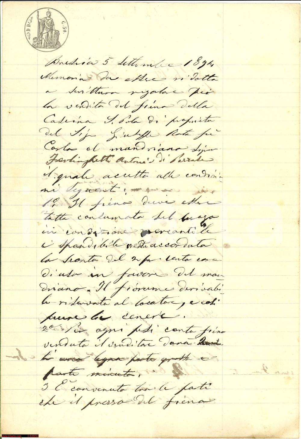 Documento originale, autentico 1894 Brescia CASCINA SAN POLO Contratto vendita fieno 1