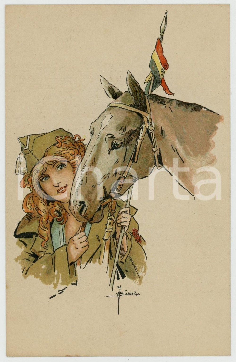 Cartolina originale da collezione 1920 ca BELGIQUE Artiste J. BUSSCHE  Femme soldat avec cheval 1 Postcard 1