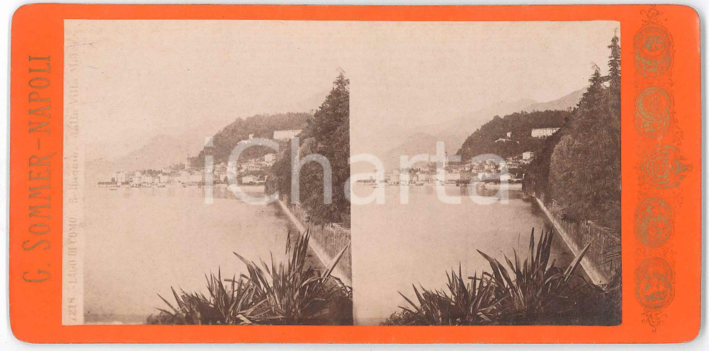 1880 ca LAGO DI COMO - BELLAGIO da Villa MELZI Foto stereoscopica G. SOMMER 7218 Fotografia stereoscopica d'epoca, su cartoncino rigido. GOOD/buono  Formato: 18x9 cm originale e autentica 1