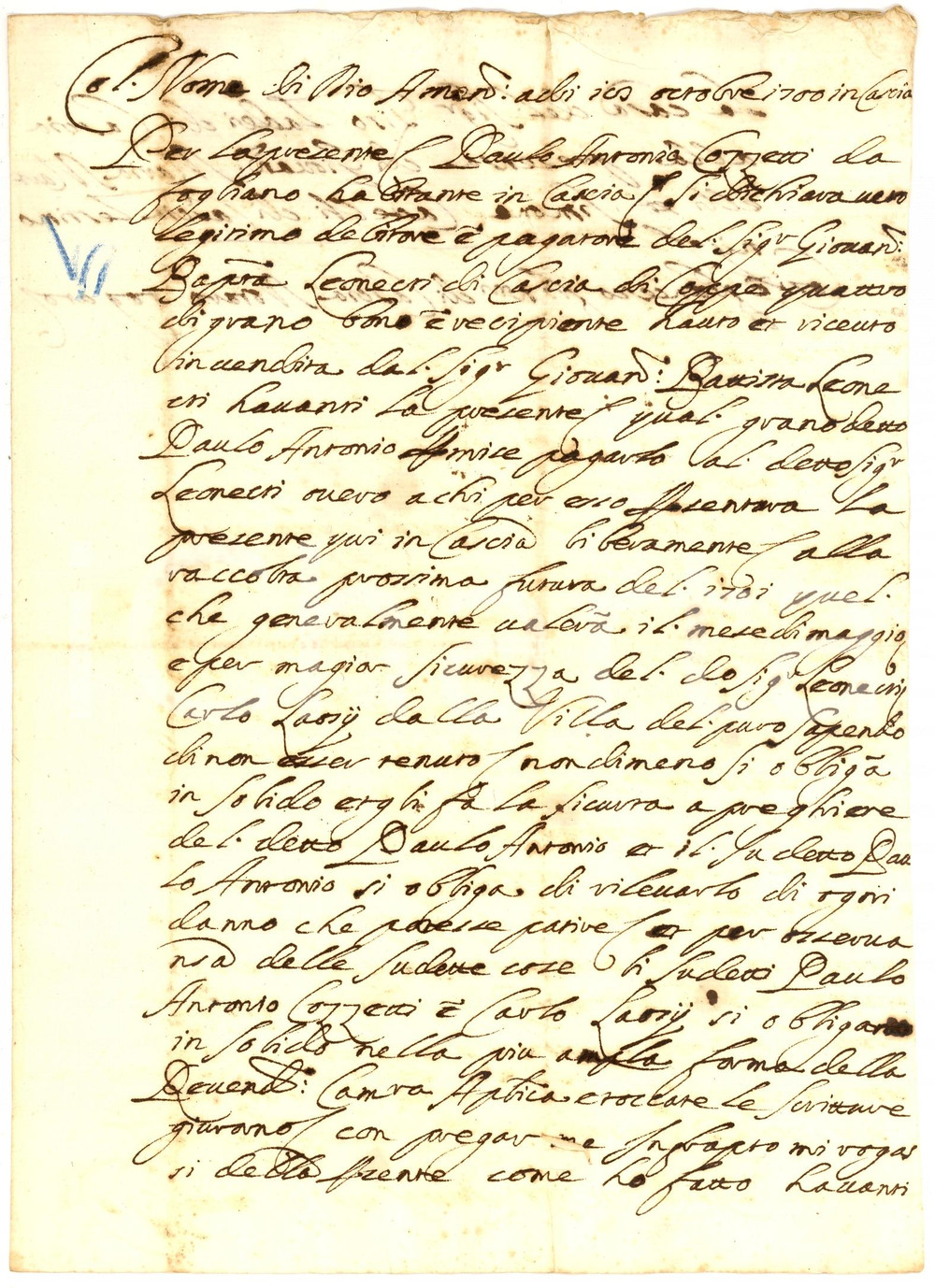 Documento originale, autentico 1780 FOGLIANO PG Paolo Antonio COZZETTI debitore grano 1