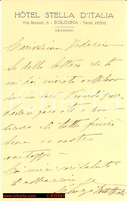 Manoscritto, lettera originale 1930 circa  Hotel Stella d Italia, Cevenini BOLOGNA 1