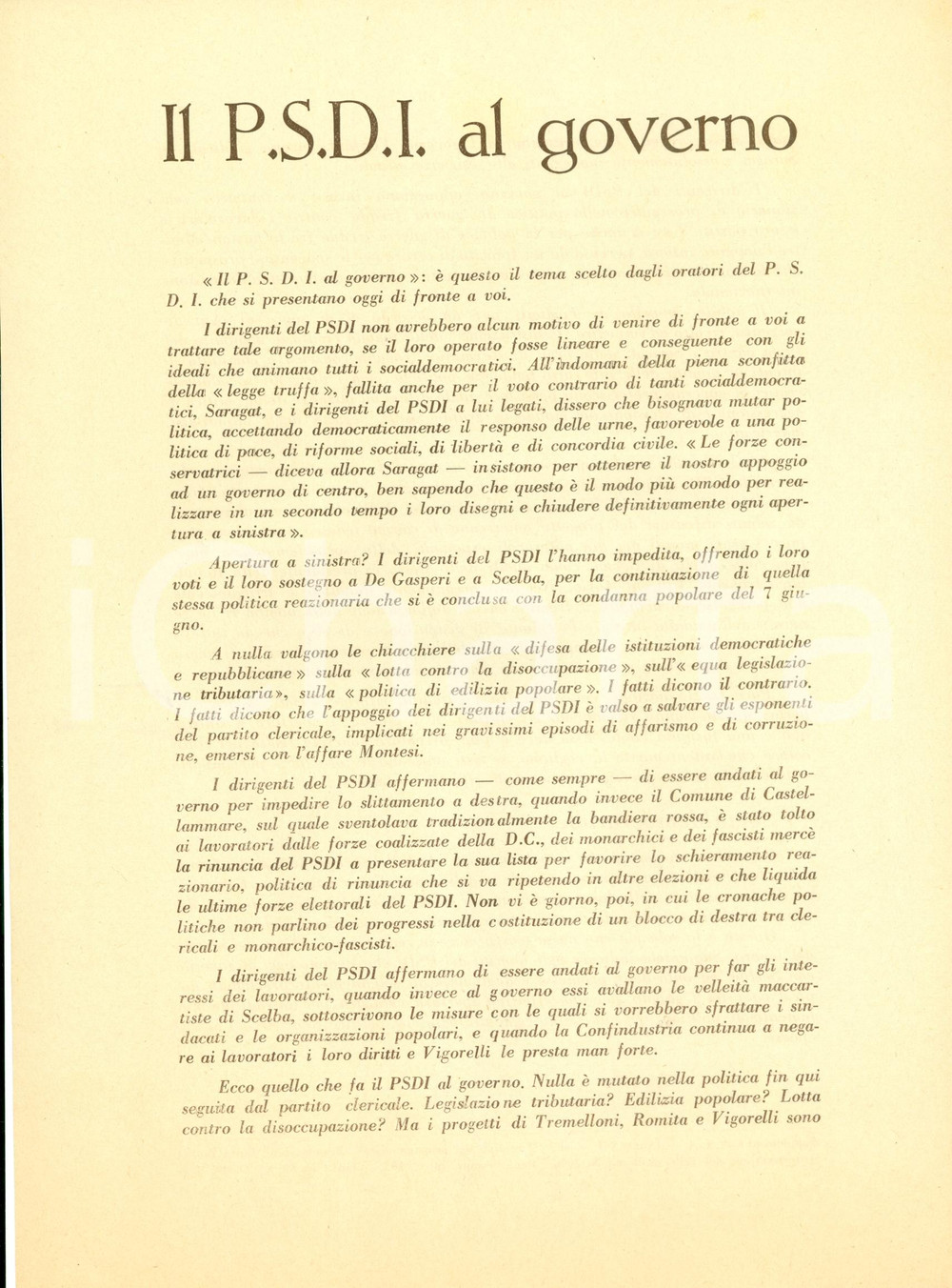 Materiale pubblicitario d’epoca 1953 PCI Propaganda politica PSDI vuole politica clericale e reazionaria 1