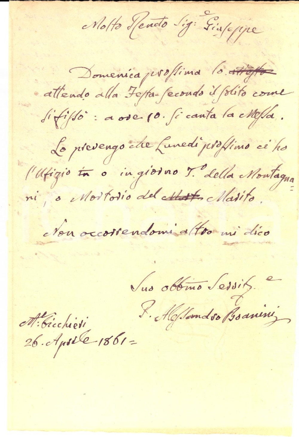Manoscritto, lettera originale 1861 MONTEBICCHIERI PI Invito padre Alessandro BOANINI a don Giuseppe ULIVELLI 1