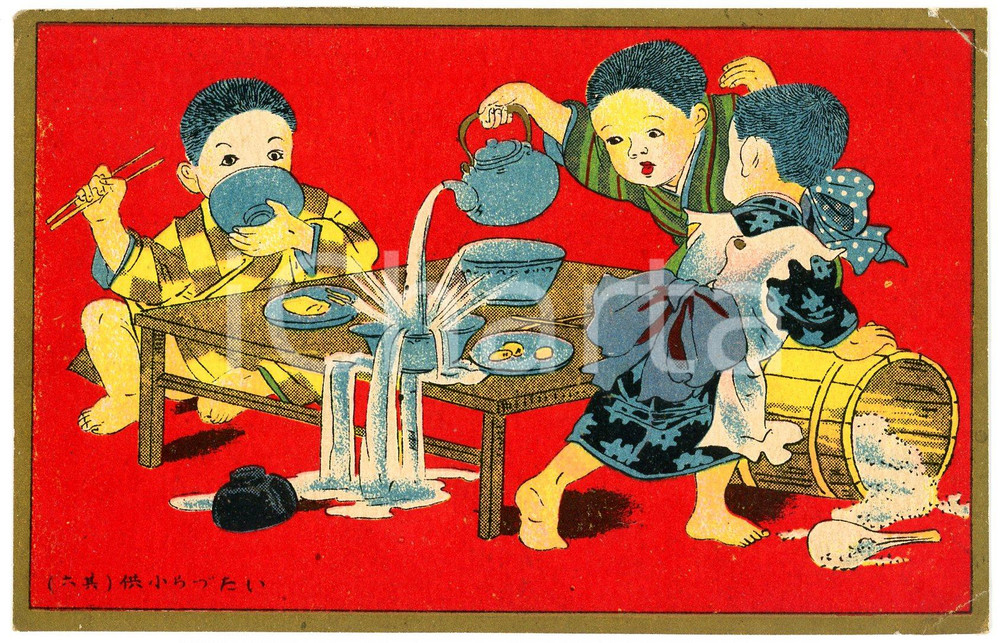 1910 ca JAPAN Tea ceremony - Spilling tea - Illustrated old postcard  Cartolina postale d'epoca, non viaggiata.CONDIZIONI: FAIR (piegature angolari)FORMATO: FP    originale e autentica 1
