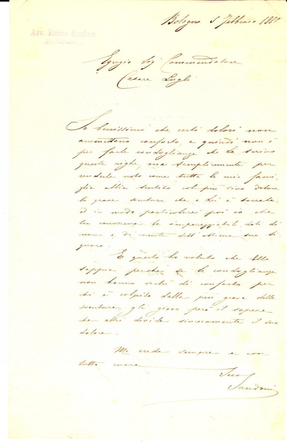 Autografo originale 1888 BOLOGNA Avv. Enrico SANDONI  Lettera a un collega  Autografo 1