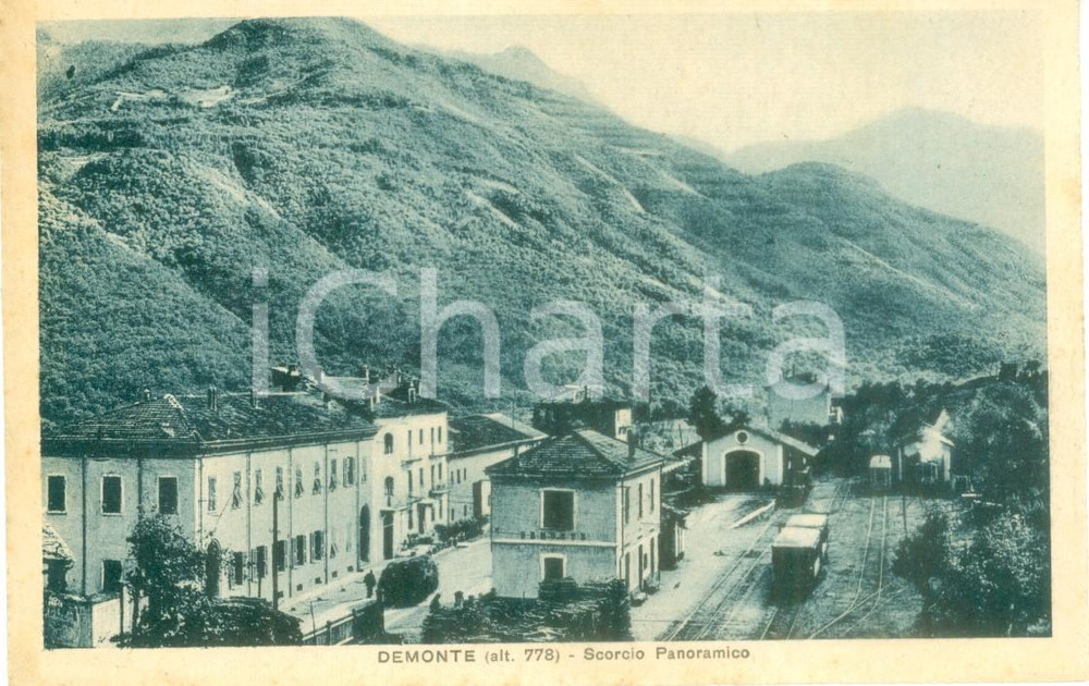 Cartolina originale da collezione 1930 ca DEMONTE (CN) Scorcio panoramico del paese con ferrovia *Cartolina FP NV 1