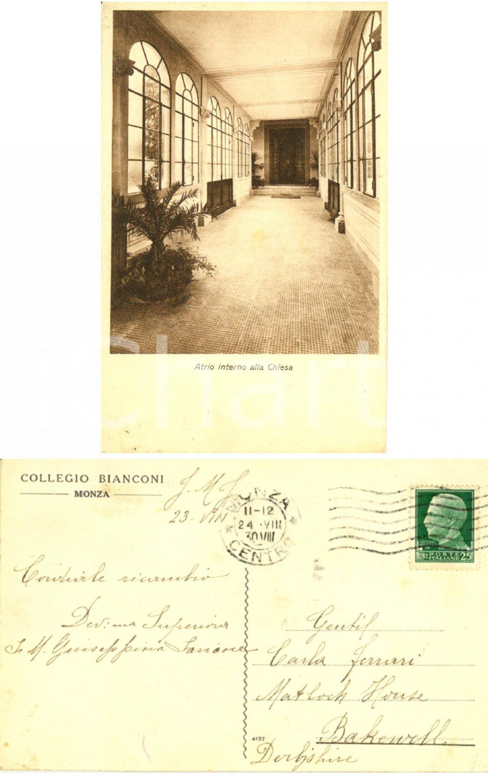 Autografo originale 1930 MONZA Collegio BIANCONI Atrio chiesa *Autografo suor Giuseppina SAVIANE 1