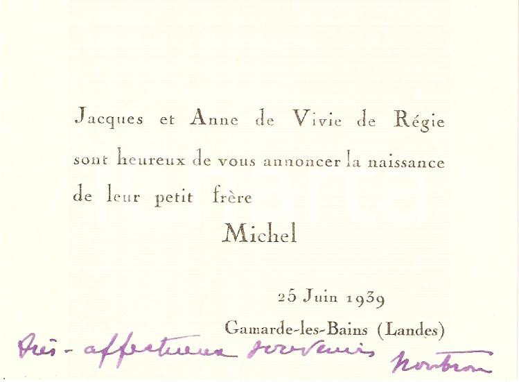 Oggetto da collezione cartaceo 1939 GAMARDELESBAINS Nascita Michel DE VIVIE DE REGIE 1
