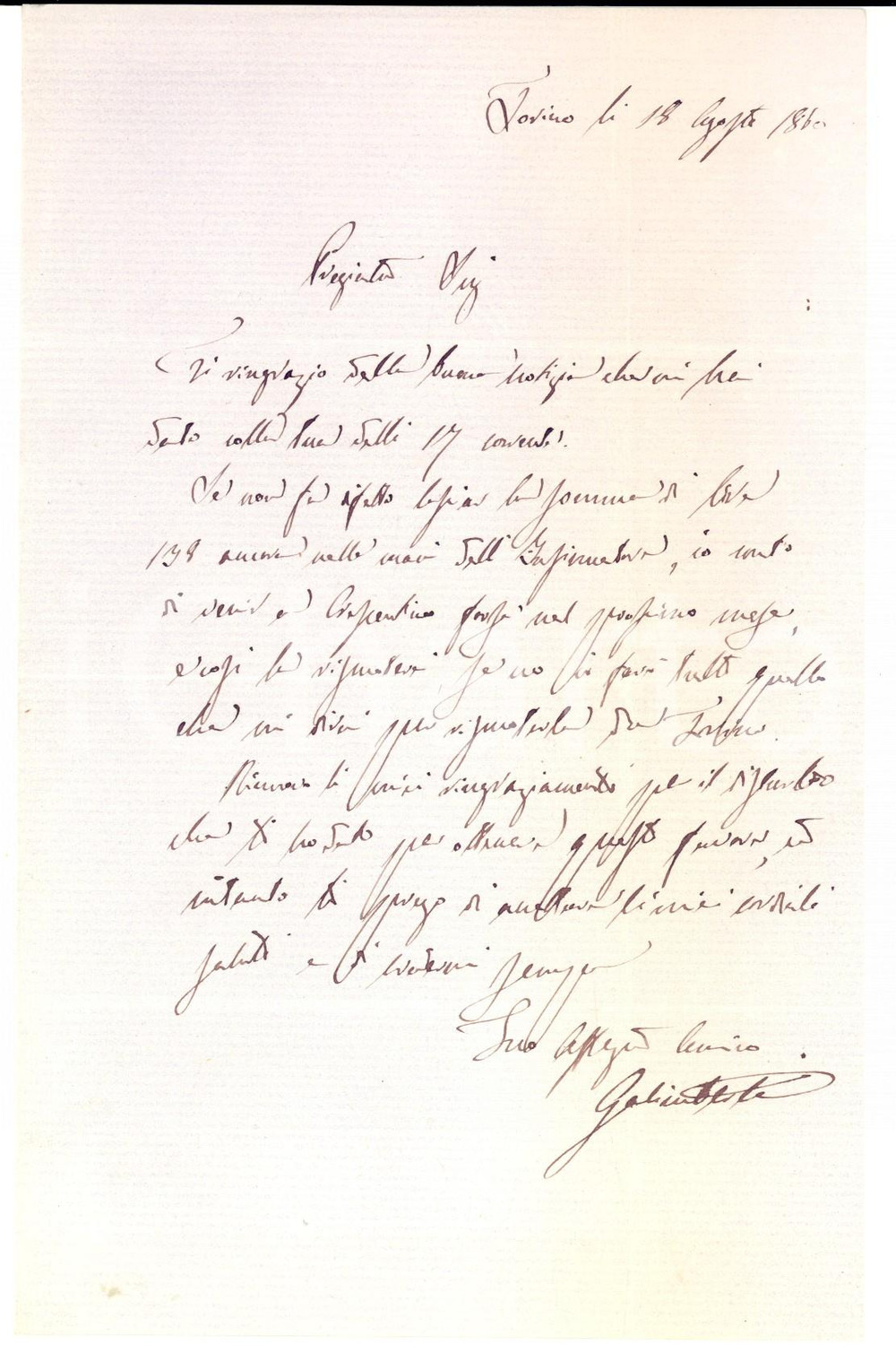 Manoscritto, lettera originale 1860 TORINO Carlo GALIMBERTI promette visita a Crescentino Lettera 1