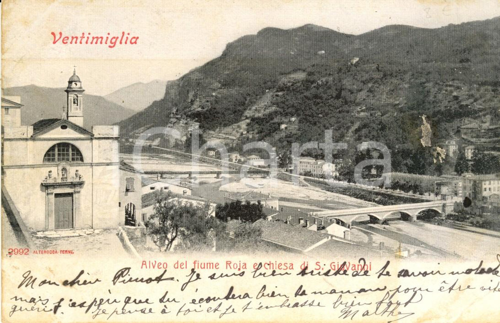 Cartolina originale da collezione 1904 VENTIMIGLIA (IM) Alveo fiume ROJA e Chiesa di SAN GIOVANNI *Cartolina FP VG 1