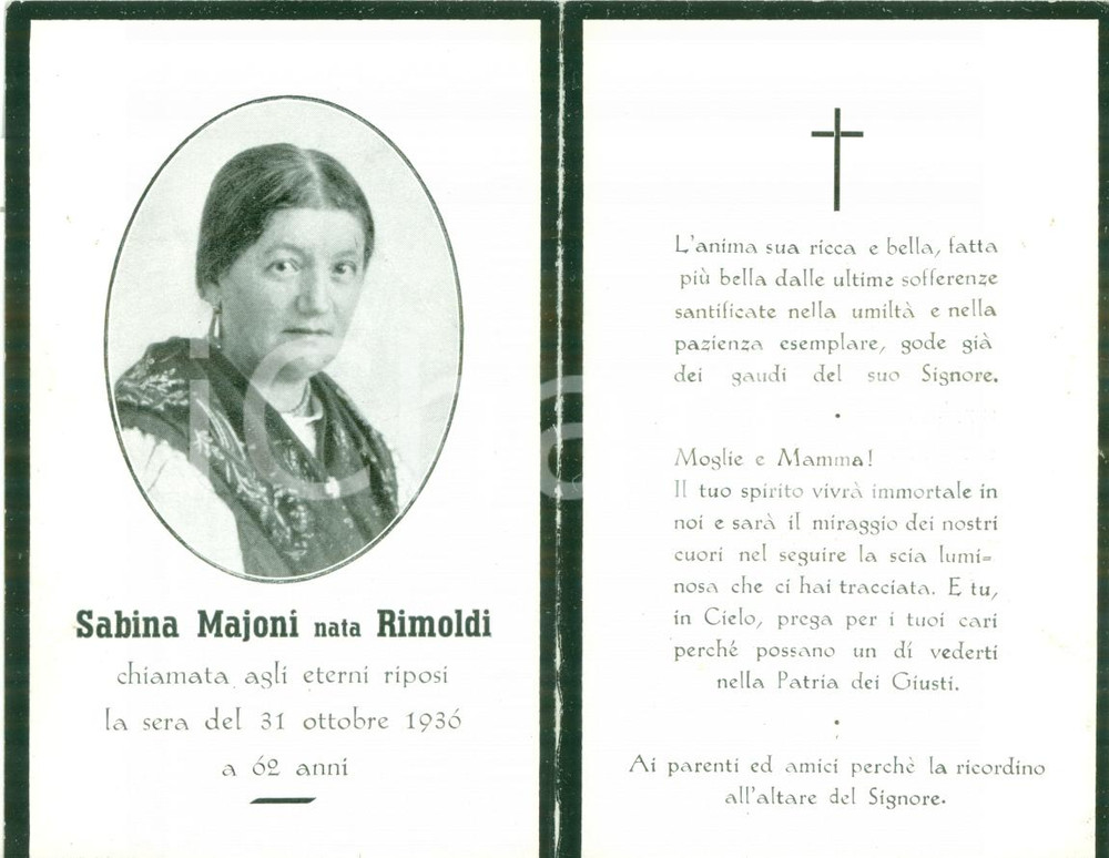Oggetto da collezione cartaceo 1936 CORTINA D'AMPEZZO ? Sabina MAJONI nata RIMOLDI *Santino con FOTO 1