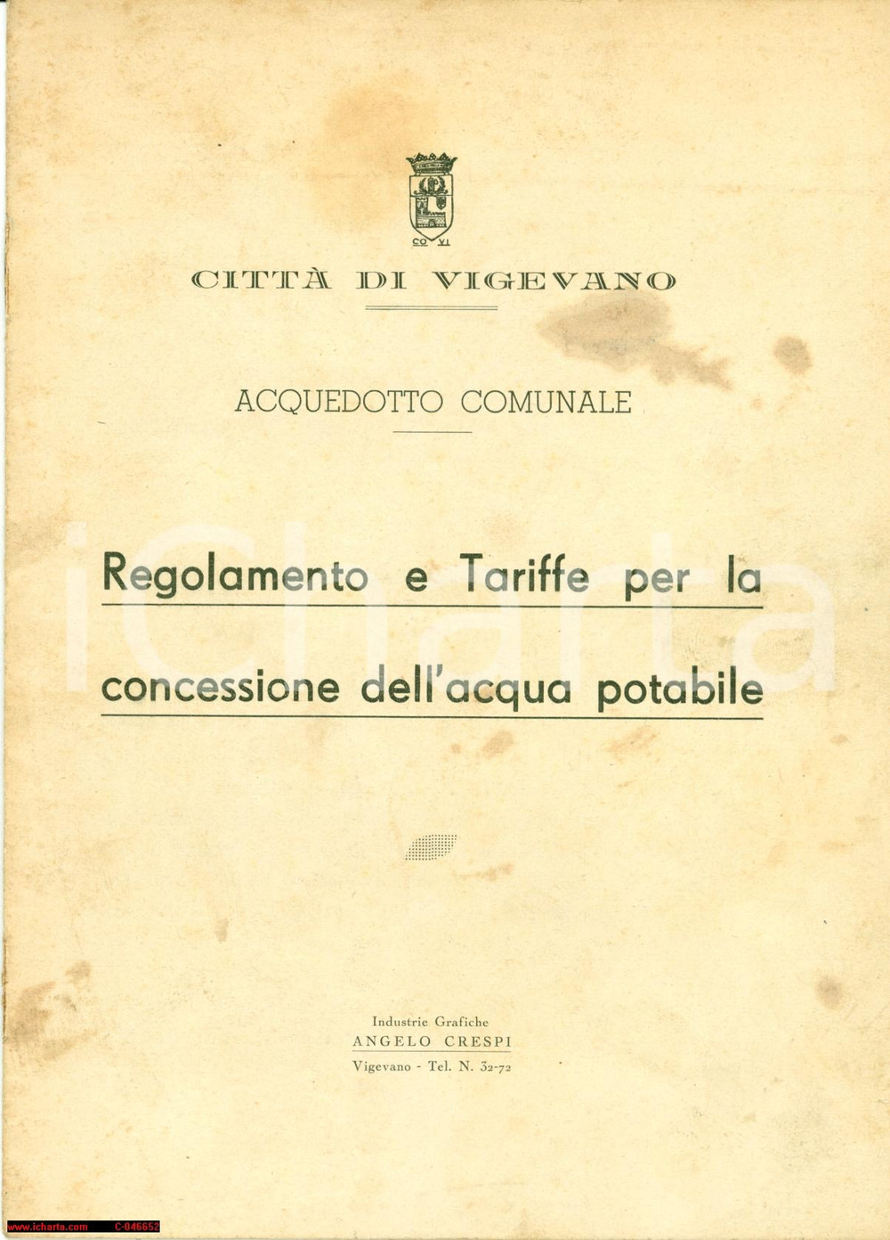 Oggetto da collezione cartaceo 1932 VIGEVANO PV Acqua potabile ACQUEDOTTO comunale 1