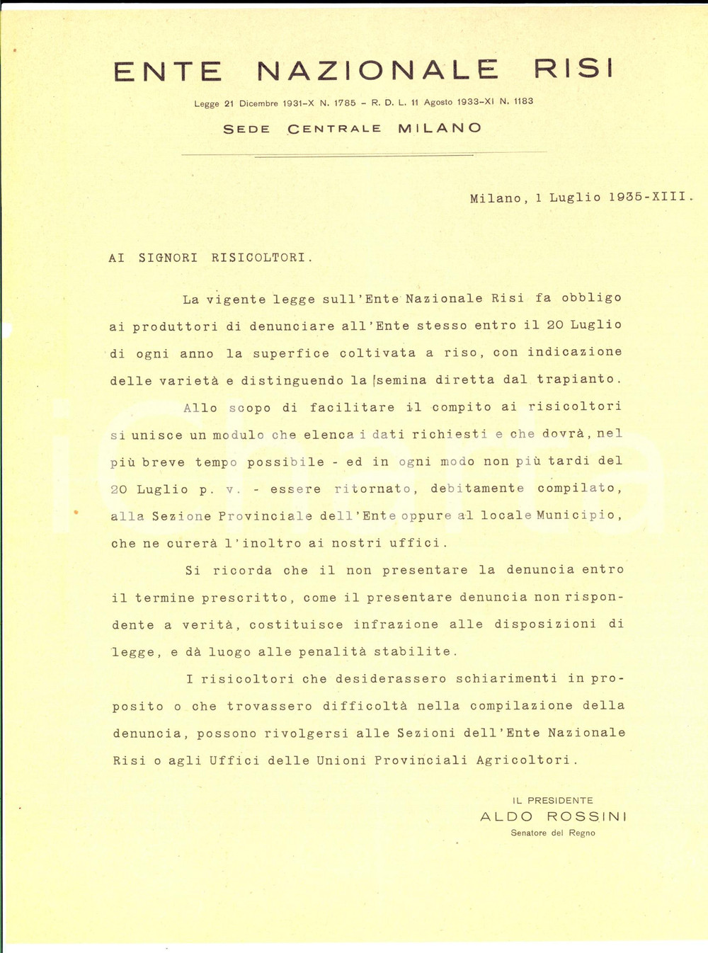 Documento originale, autentico 1935 MILANO ENTE NAZIONALE RISI Obbligo di denuncia raccolto del riso 1