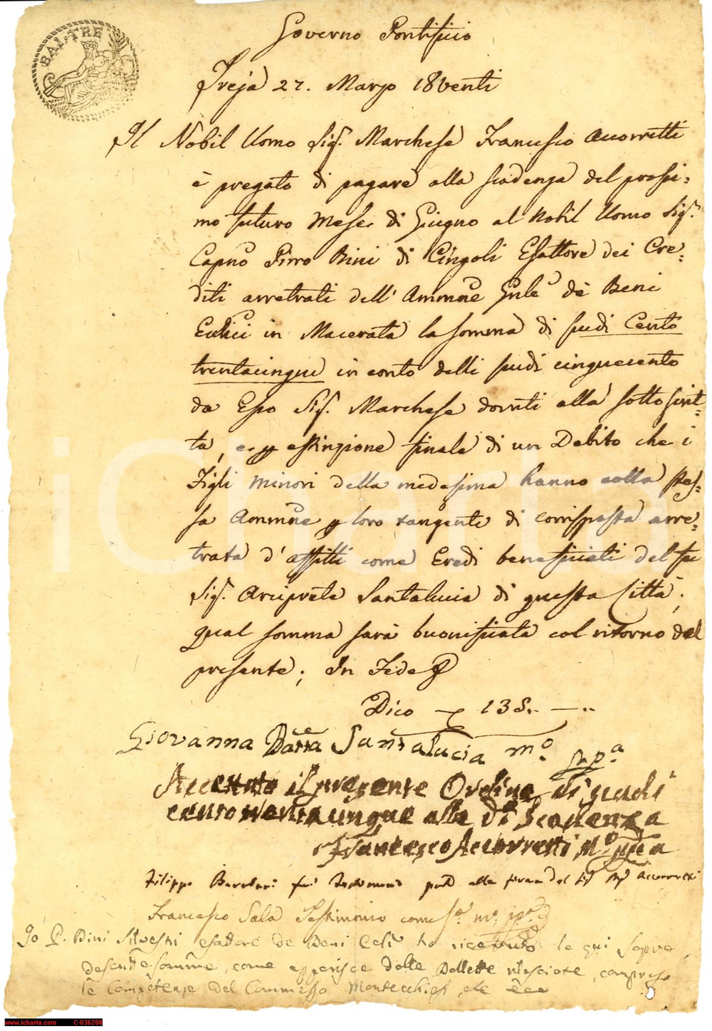 Manoscritto, lettera originale 1820 CINGOLI (MC) pagamento censo marchese Accorretti 1