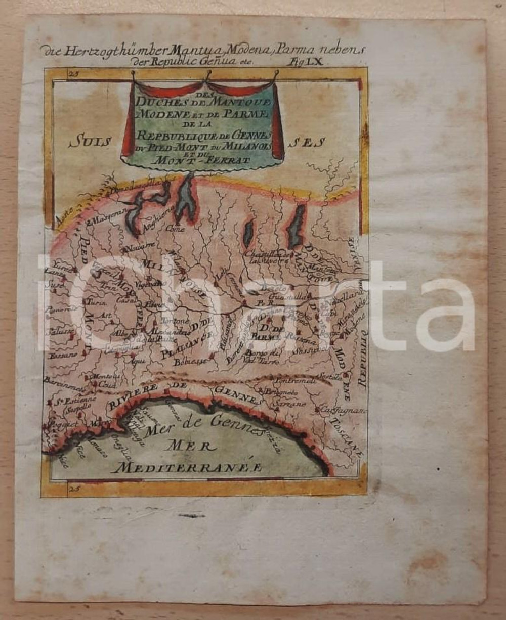 Stampa, bozzetto originale 1719 Alain MALLETS Tavola PIEMONTE  LOMBARDIA  LIGURIA Colorata a mano 1