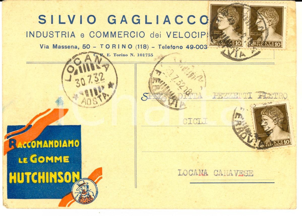 Cartolina originale da collezione 1932 TORINO Silvio GAGLIACCO velocipedi Cartolina FG VG Gomme HUTCHINSON 1