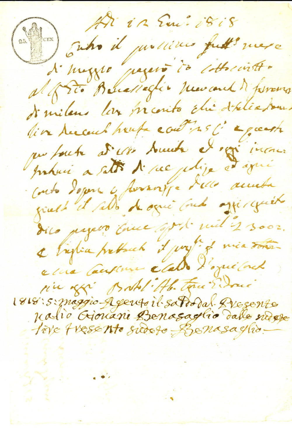 Documento originale, autentico 1818 BRESCIA Giovanni BENASAGLIO promette pagamento del dovuto Manoscritto 1