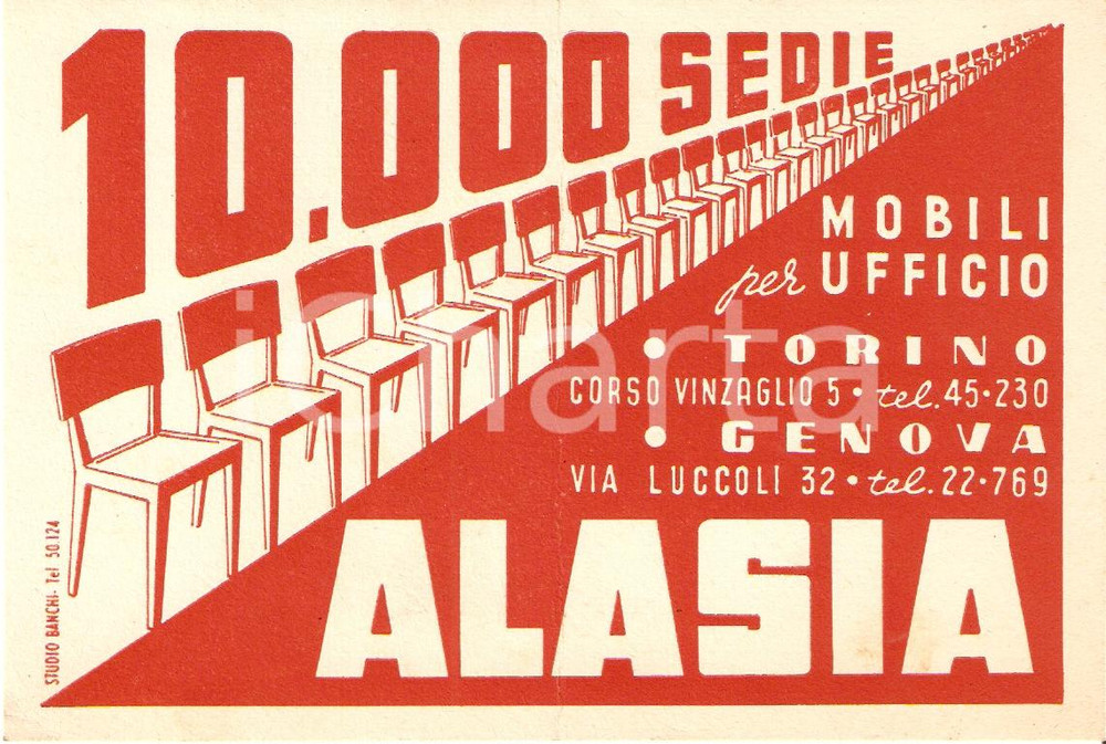 Oggetto da collezione cartaceo 1950 TORINO Mobili ufficio ALASIA Biglietto ILLUSTRATO 1