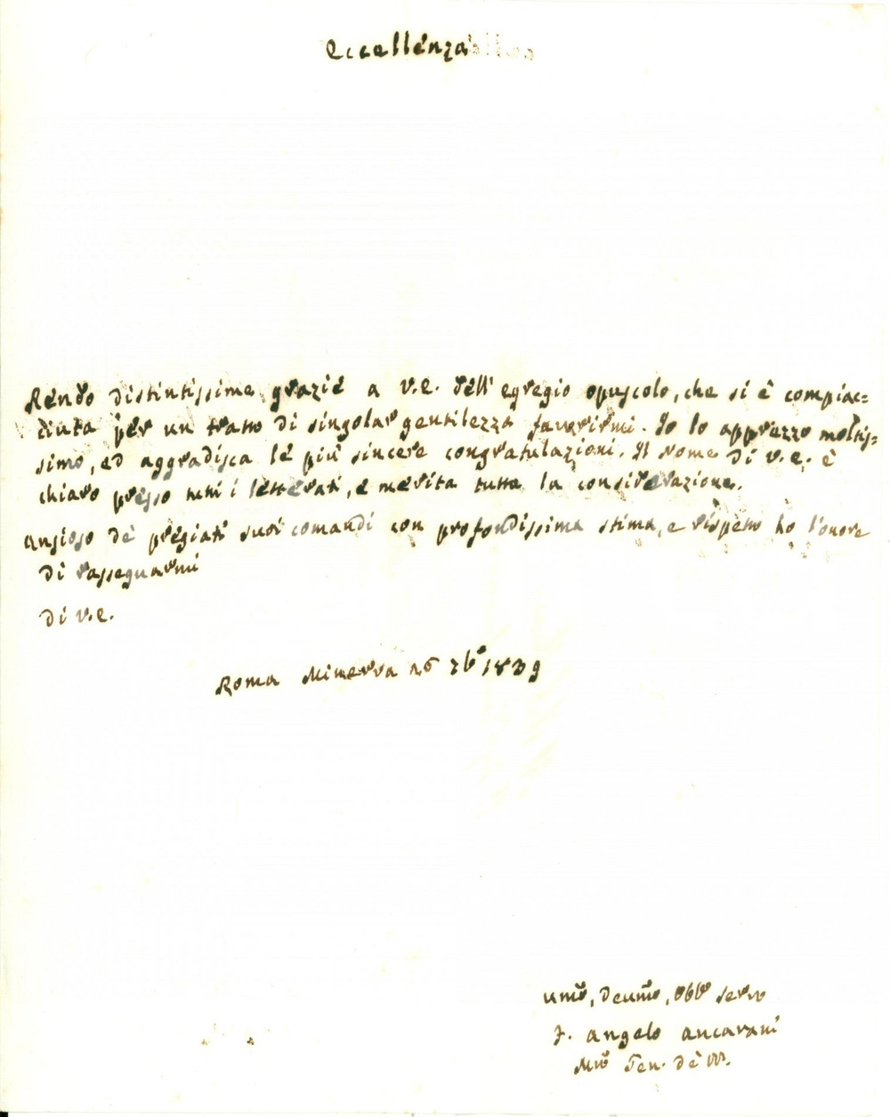 Autografo originale 1839 ROMA Angelo ANCARANI ringrazia per invio di opuscolo Lettera AUTOGRAFA 1