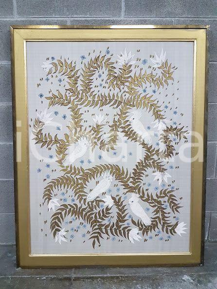 1975 CINA VINTAGE Pappagalli bianchi su rami dorati - quadro 93 X 117 cm