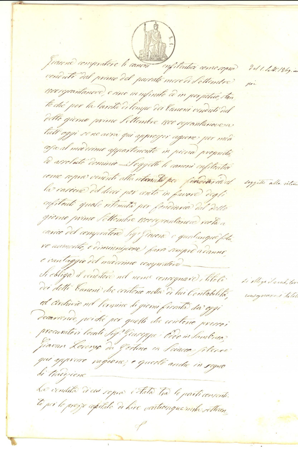 Documento originale, autentico 1869 SAMBUCA (AG) Principe Ferdinando MONROY di PANDOLFINA vende censi 1