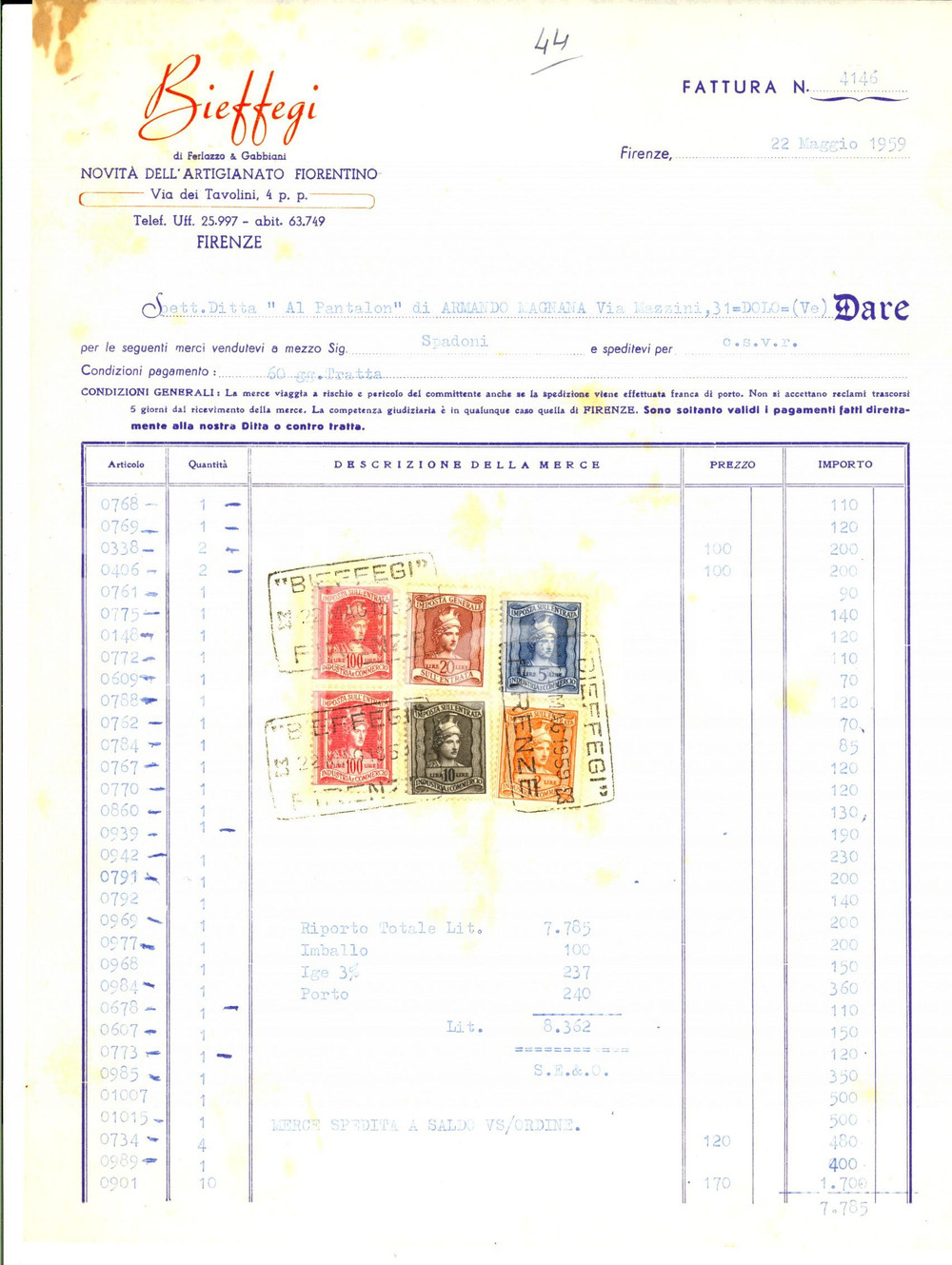 Documento originale, autentico 1959 FIRENZE Ditta BIEFFEGI di FERLAZZO & GABBIANI  Artigianato Fattura 1