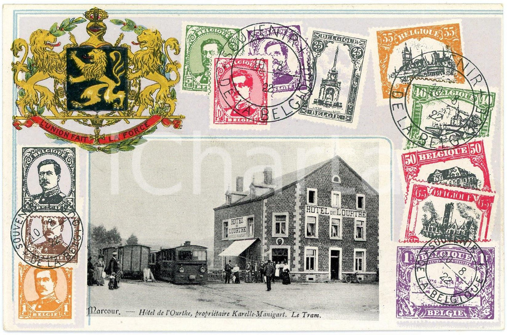 1922 BELGIQUE MARCOUR Hotel de l'Ourthe  - Carte postale "L'Union fait la force" Cartolina postale d'epoca, non viaggiata, con timbro "Souvenir de la Belgique".FORMATO: FPCONDIZIONI: G    originale e autentica 1