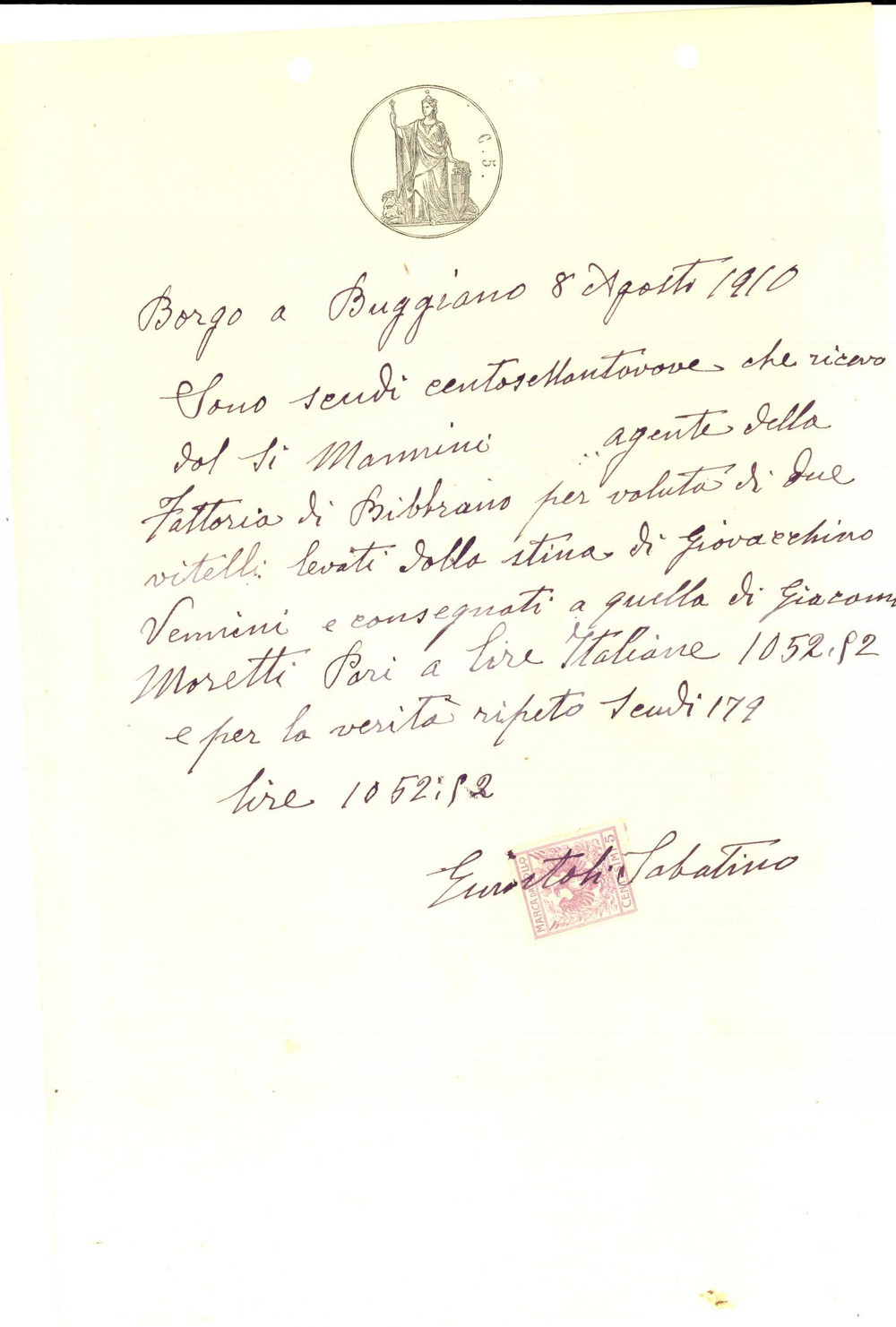 Documento originale, autentico 1910 BORGO A BUGGIANO PT Ricevuta per due vitelli  Fattoria di BIBBIANO 1