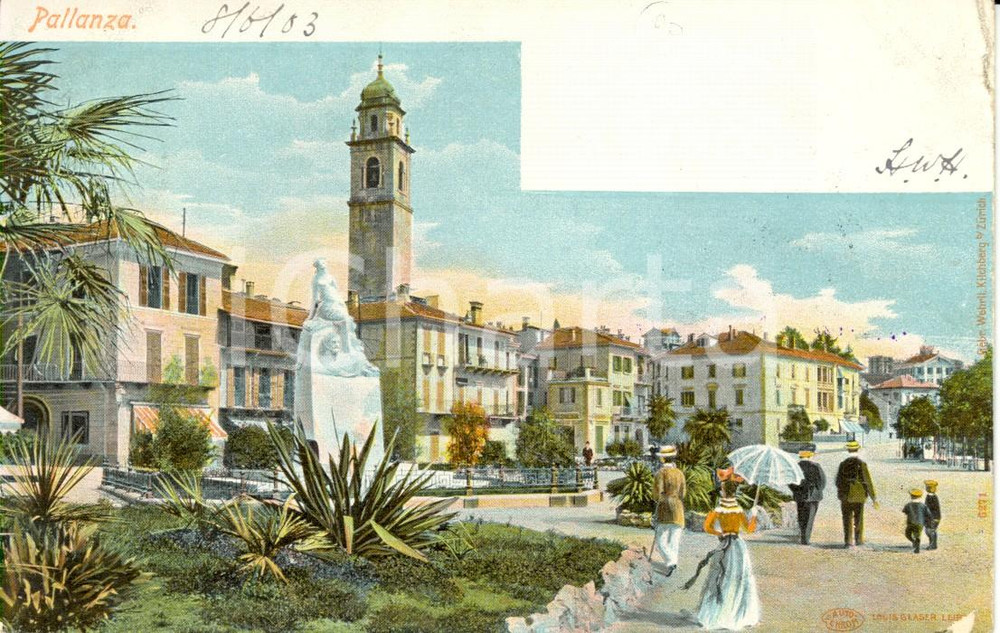 Cartolina originale da collezione 1903 PALLANZA (VB) Piazza GARIBALDI con monumento a CADORNA *Animata FP VG 1