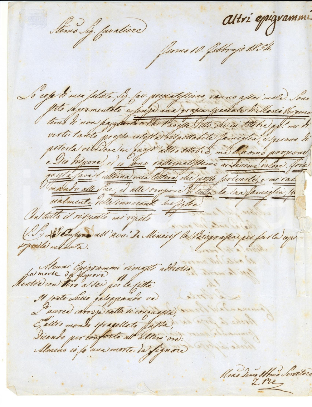 Autografo originale 1854 FERMO Zeffirino RE Epigramma sull'aborto - AUTOGRAFO 1