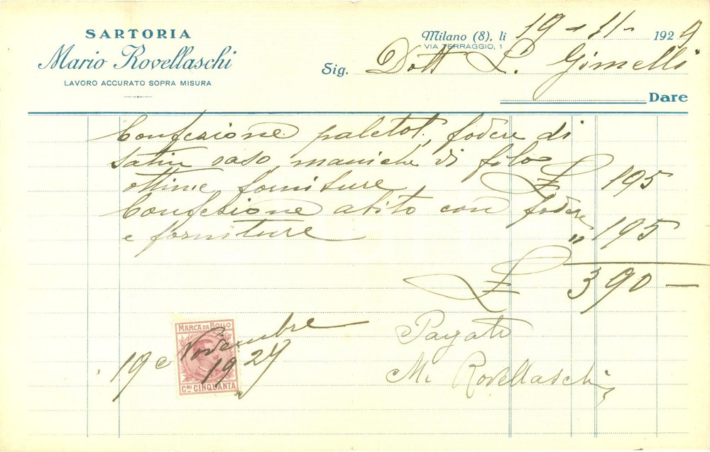 Documento originale, autentico 1929 MILANO Sartoria Mario ROVELLASCHI lavoro accurato sopra misura *Fattura 1