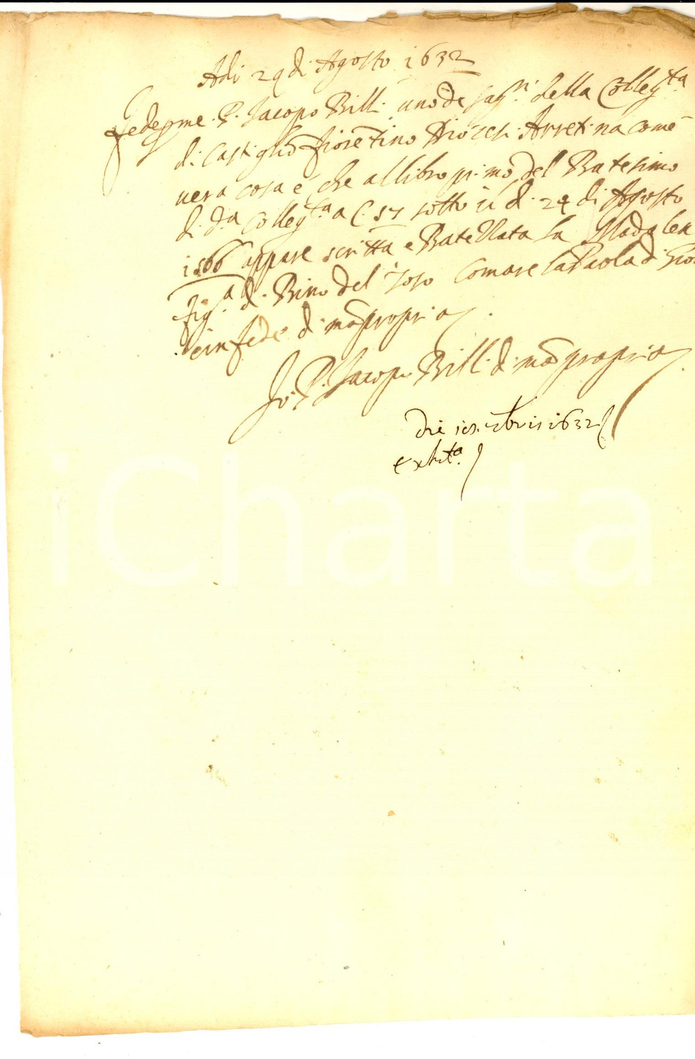 Documento originale, autentico 1632 DIOCESI DI AREZZO Fede di battesimo di Maddalena DEL TOSO *Jacopo BILLI 1