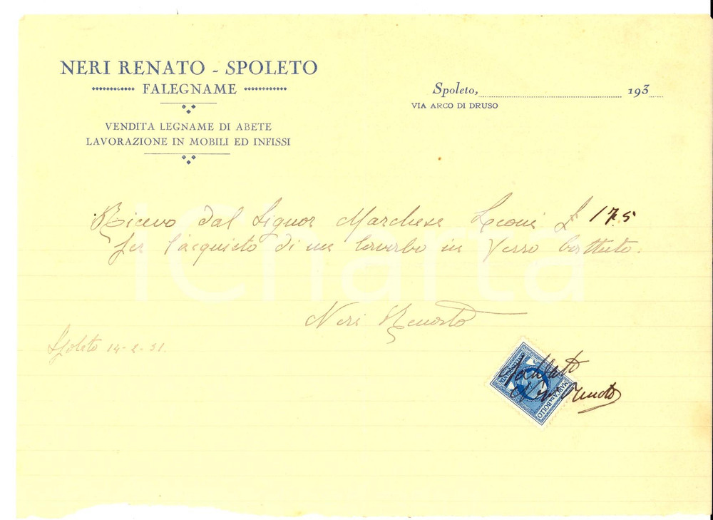 Documento originale, autentico 1931 SPOLETO PG Renato NERI falegname  Ricevuta marchese LEONI per lavabo 1
