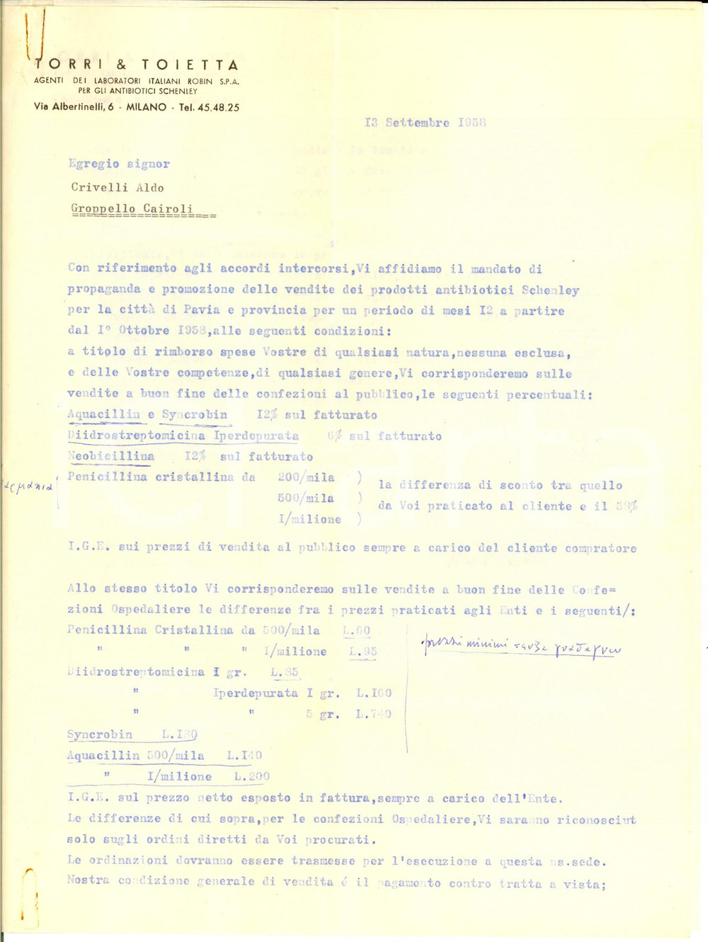 Manoscritto, lettera originale 1958 MILANO Via Albertinelli 6 Agenti TORRI & TOIETTA Laboratori ROBIN Lettera 1