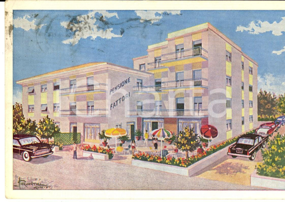 Cartolina originale da collezione 1962 RIMINI Pensione FATTORI  Cartolina ILLUSTRATA PIERGENTILI FG VG 1