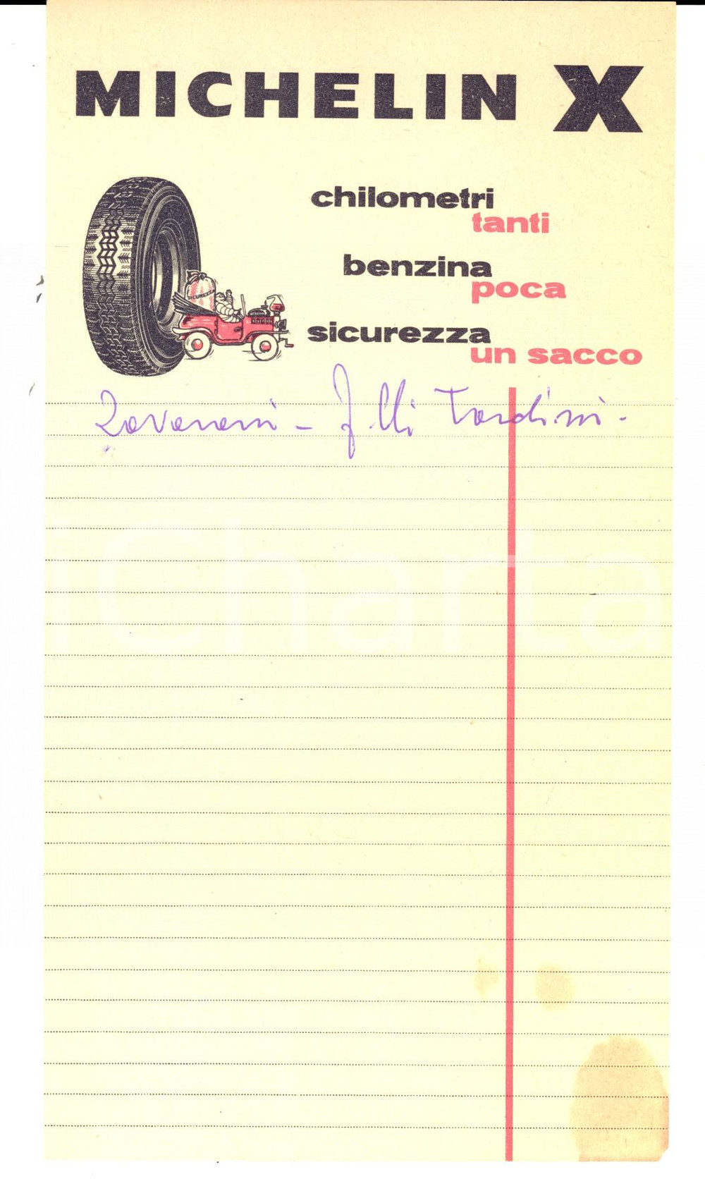 Materiale pubblicitario d’epoca 1965 Pneumatici MICHELIN  Foglio per appunti PUBBLICITARIO ILLUSTRATO 1