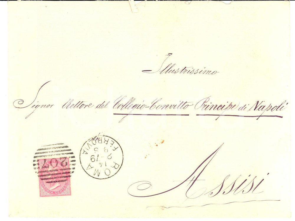 Cartolina originale da collezione 1879 STORIA POSTALE Busta ROMA per ASSISI Doppio porto Numerale a sbarre 207 1
