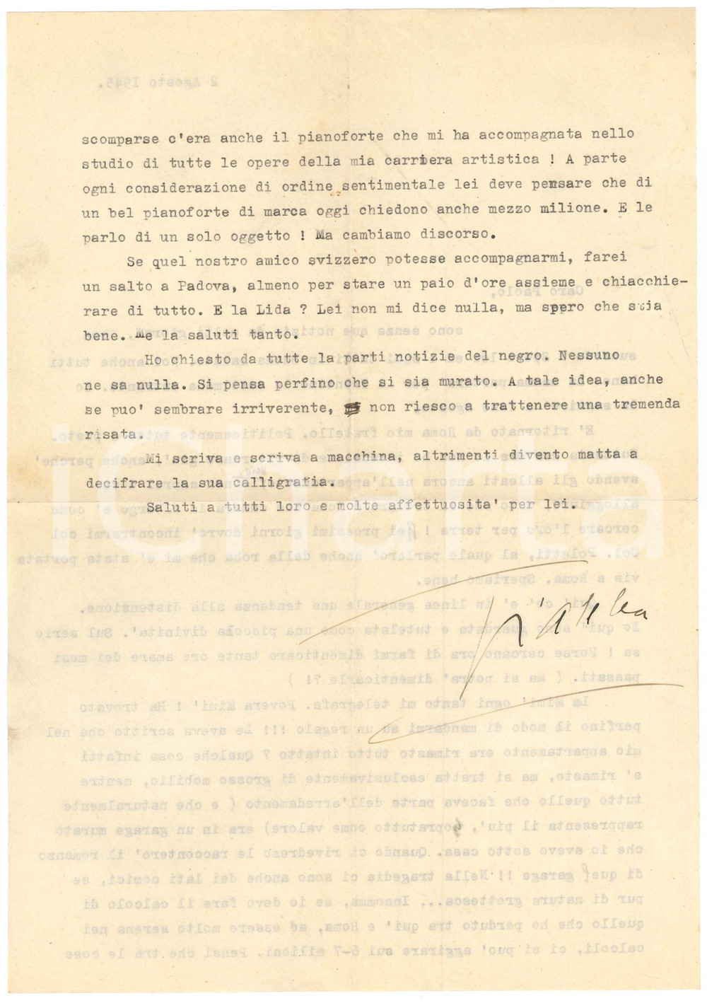 1945 AVIO Gianna PEDERZINI e la perdita dell'amato pianoforte *AUTOGRAFO