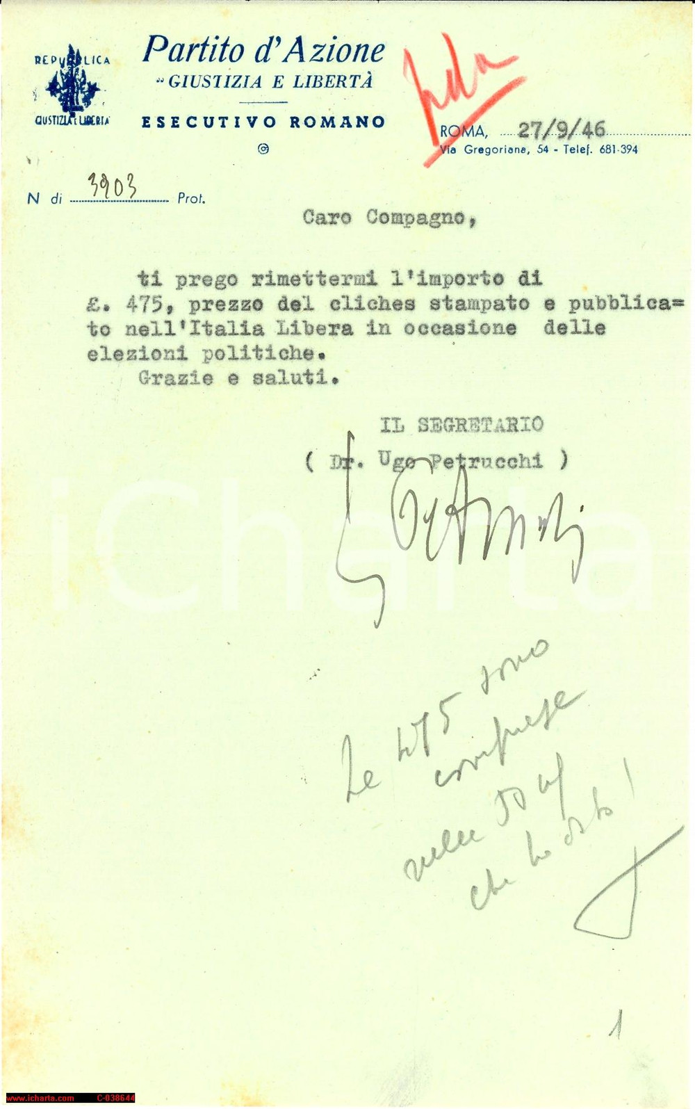 Documento originale, autentico 1946 PARTITO D AZIONE GIUSTIZIA E LIBERTA  Autografo UGO PETRUCCHI 1