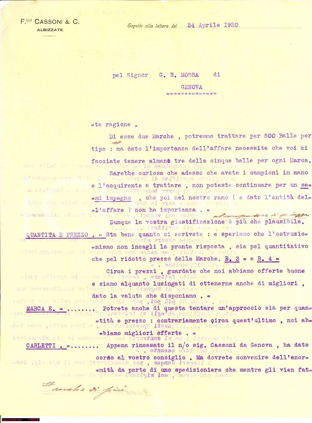 Manoscritto, lettera originale 1920 ALBIZZATE (VA) MOSSA compra sughero F.LLI CASSONI 1