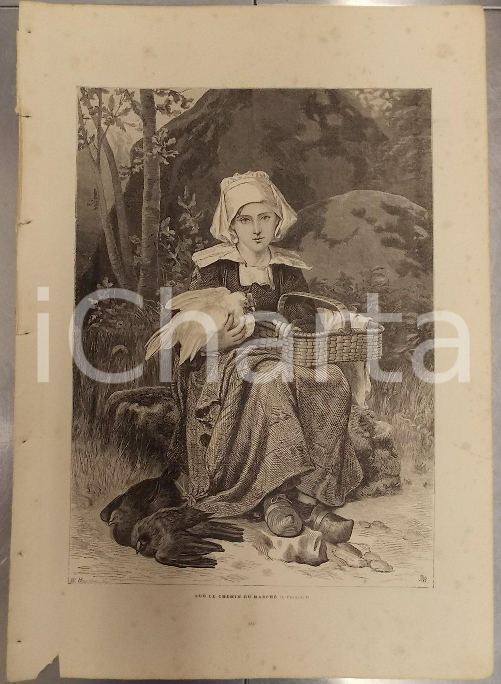 Stampa, bozzetto originale 1886 LES MERVEILLES DE L ART MODERNE L. FERRAULT Sur le chemin du marché Stampa 1