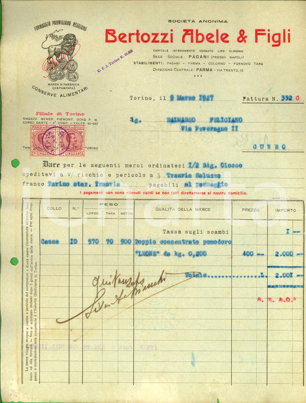 Documento originale, autentico 1927 TORINO Società Anonima Abele BERTOZZI & Figli Conserve Alimentari Fattura 1