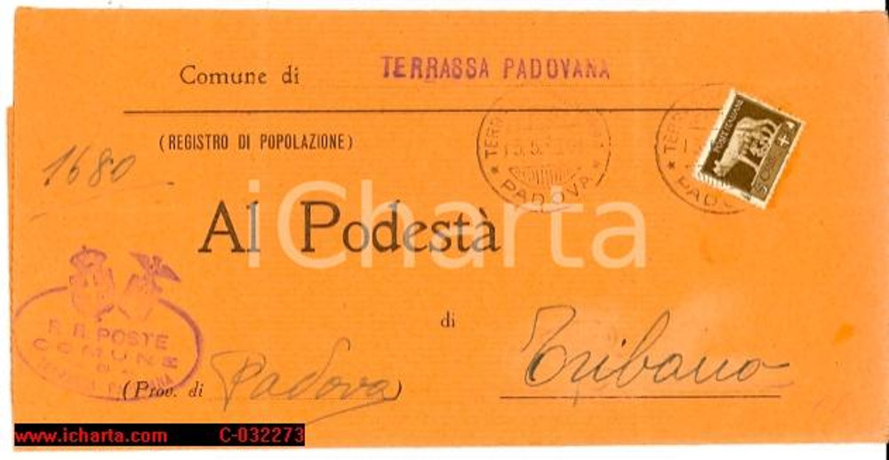 Documento originale, autentico 1943 PodestÃ  TERRASSA PADOVANA (PD) Storia postale 1