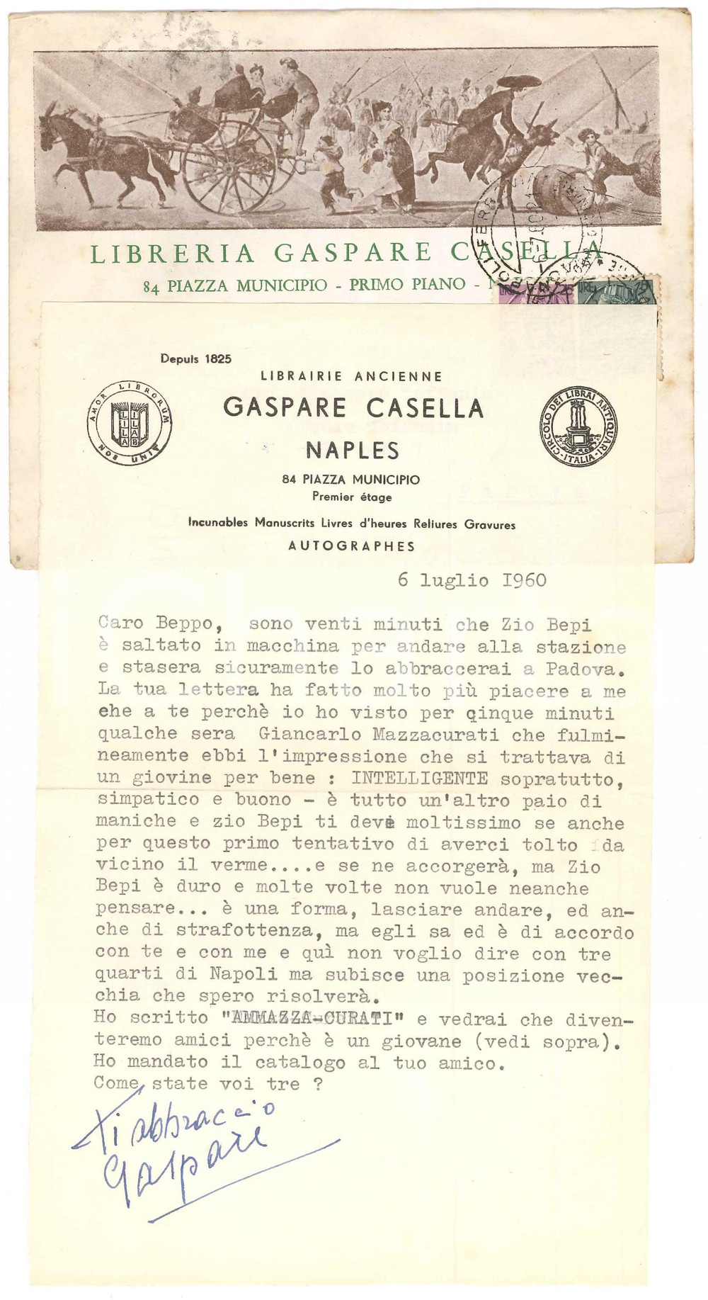 Autografo originale 1960 NAPOLI Gaspare CASELLA in lode di Giancarlo Mazzacurati Autografo 1