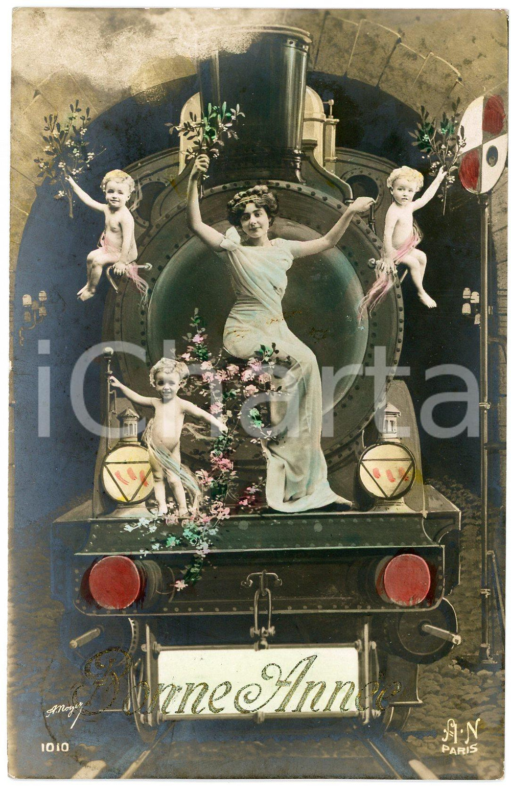 1911 BONNE ANNEE Muse on train with children - Fairy tale - Embossed postcard  Cartolina postale d'epoca, viaggiata.CONDIZIONI: GFORMATO: FP    originale e autentica 1