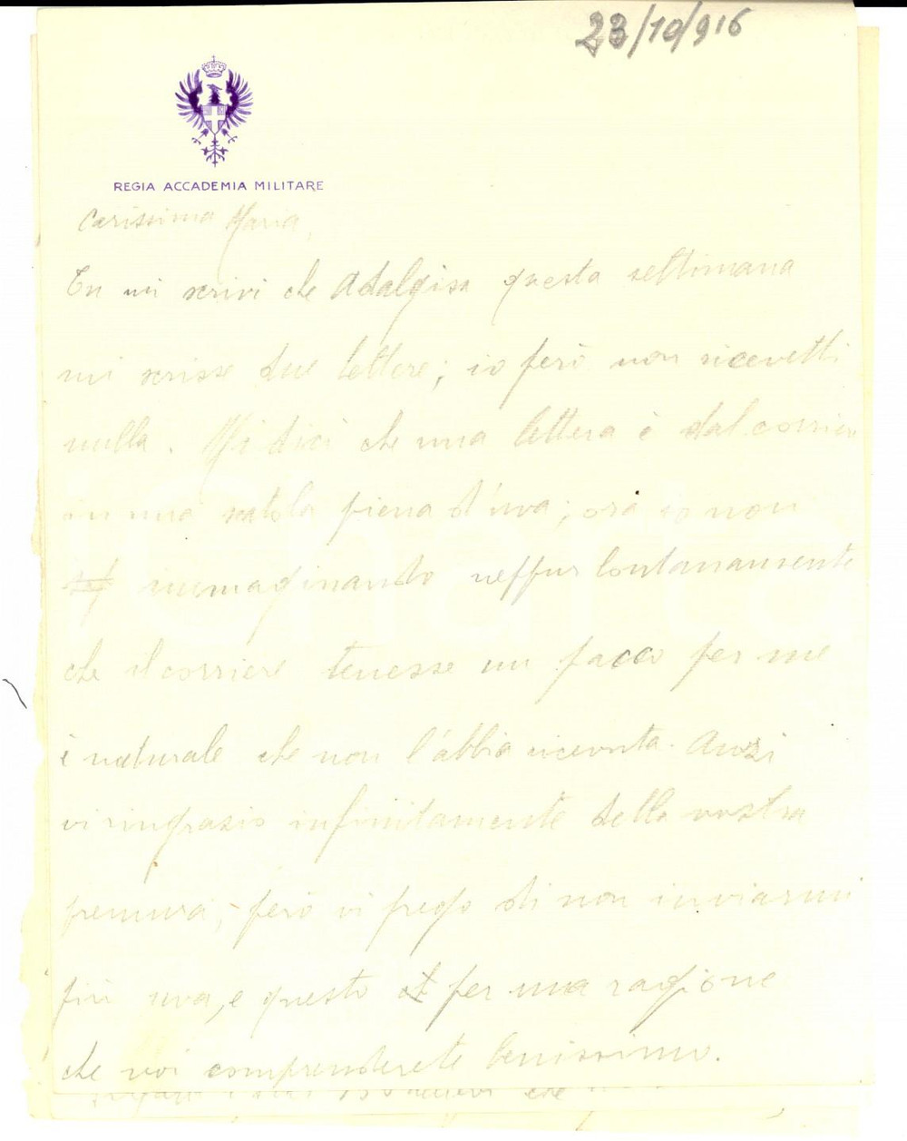 Manoscritto, lettera originale 1916 TORINO REGIA ACCADEMIA MILITARE Lettera ufficiale mai punito dai superiori 1