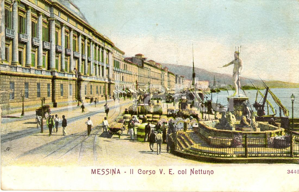 Cartolina originale da collezione 1909 MESSINA Veduta di corso VITTORIO EMANUELE II con il NETTUNO ANIMATA FP VG 1