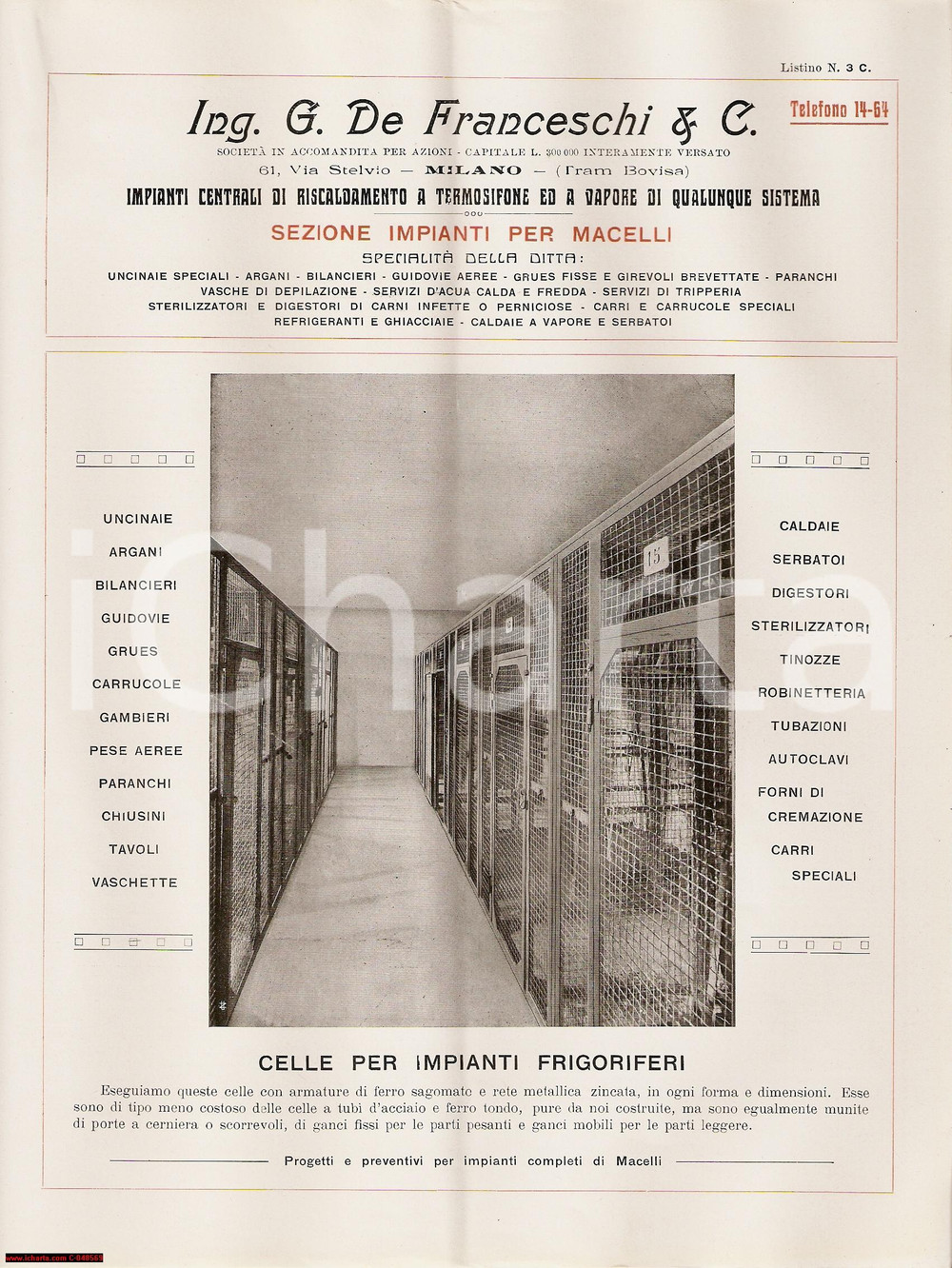 Materiale pubblicitario d’epoca 1930 ca MILANO Ing. DE FRANCESCHI Celle per impianti frigoriferi *PubblicitÃ  1