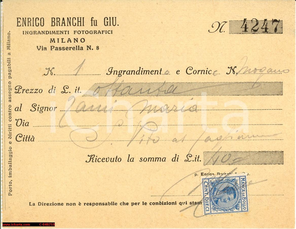 Documento originale, autentico 1920 S. VITO AL TAGLIAMENTO PN Enrico BRANCHI fotografo 1